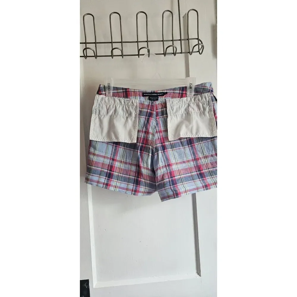 Ralph Lauren Sport Size 4 Women's Linen Flat Front‎ Multicolor Plaid Shorts Red